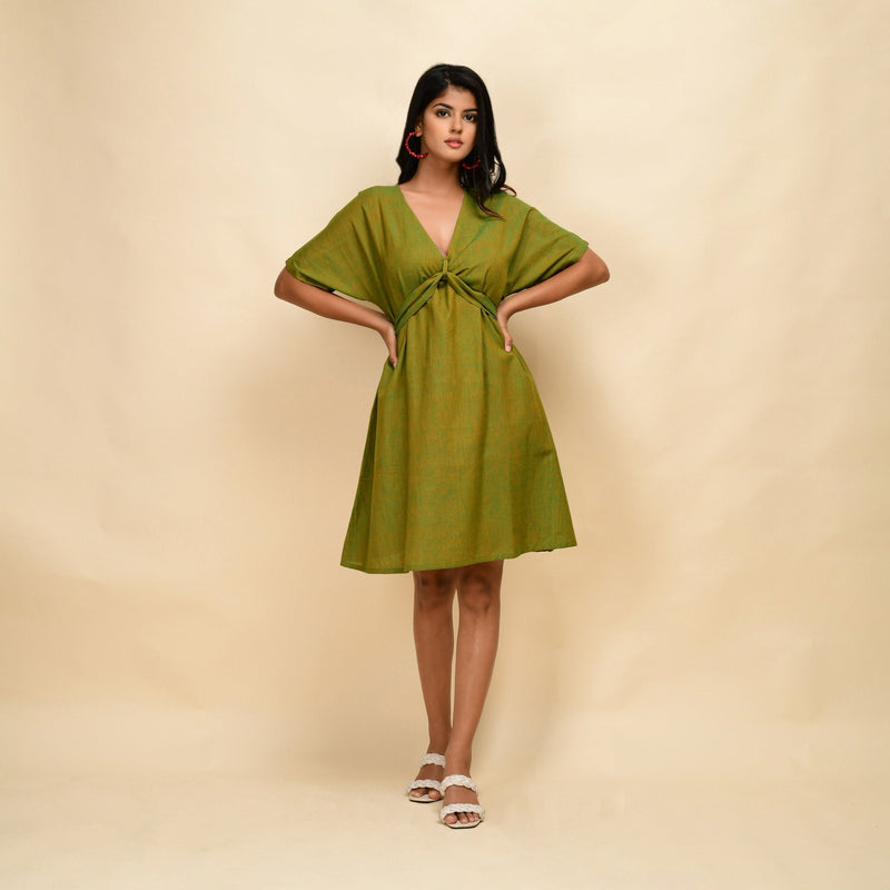 Front View of a Model wearing Olive Gold 100% Cotton Blouson Dress