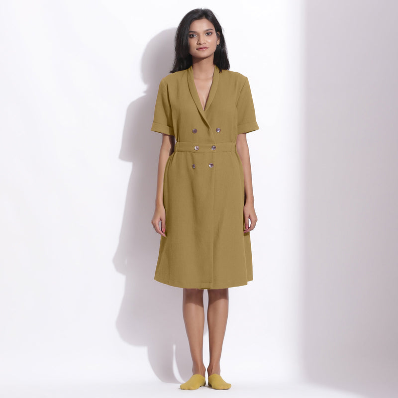 Front View of a Model wearing Olive Green Cotton Waffle Knee Length Coat Dress