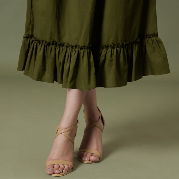 Close View of a Model wearing Olive Green A-Line Ruffled Cotton Skirt