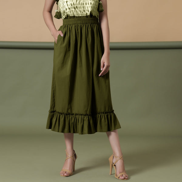 Front View of a Model wearing Olive Green A-Line Ruffled Cotton Skirt