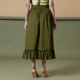 Back View of a Model wearing Olive Green A-Line Ruffled Cotton Skirt