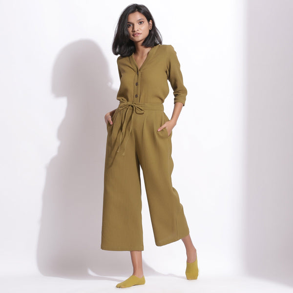 Front View of a Model wearing Olive Green Button-Down Top and Culottes Set