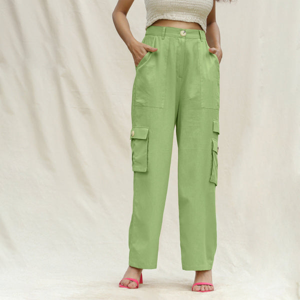Olive Green Cotton Flax Elasticated High-Rise Cargo Pant