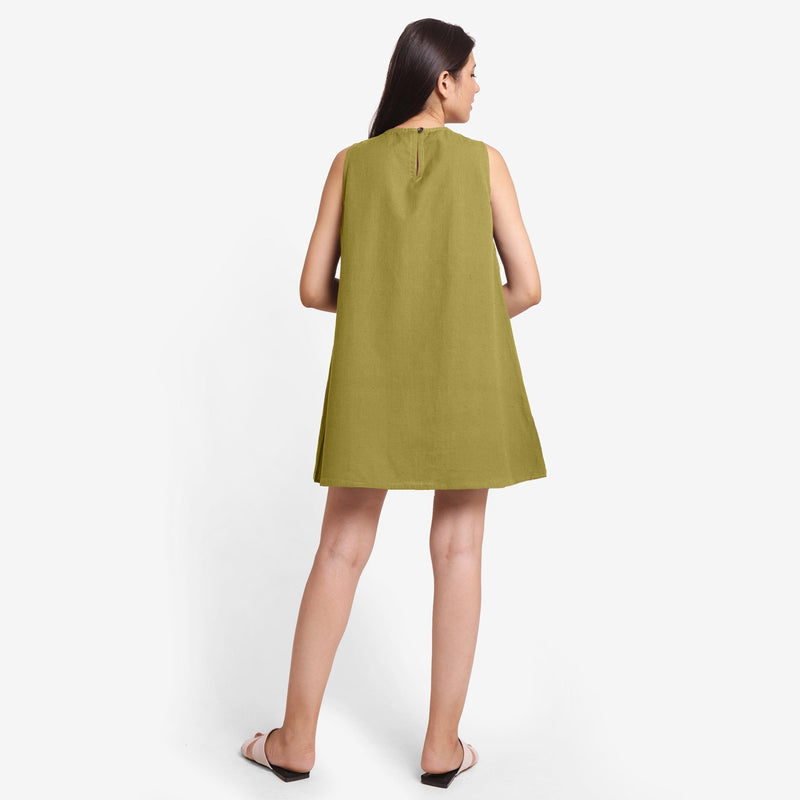 Back View of a Model wearing Olive Green Cotton Flax Kangaroo Pocket Dress