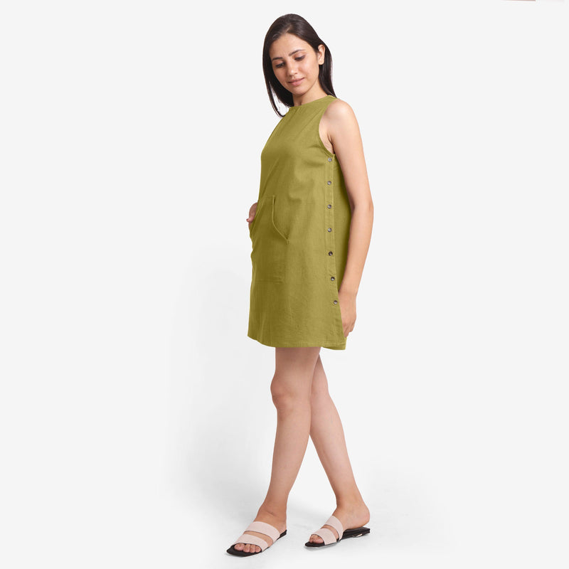 Left View of a Model wearing Olive Green Cotton Flax Kangaroo Pocket Dress