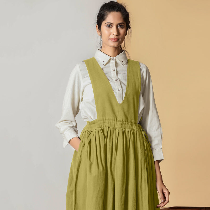 Front View of a Model Wearing Olive Green Cotton Flax Pinafore Midi Wrap Dress