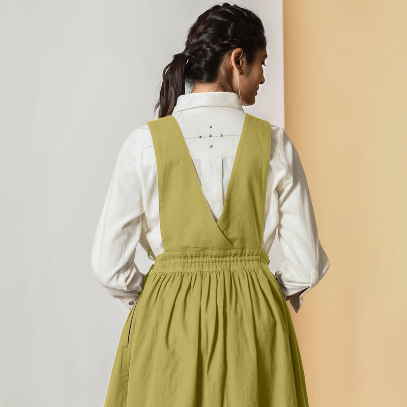 Back View of a Model Wearing Olive Green Cotton Flax Pinafore Midi Wrap Dress