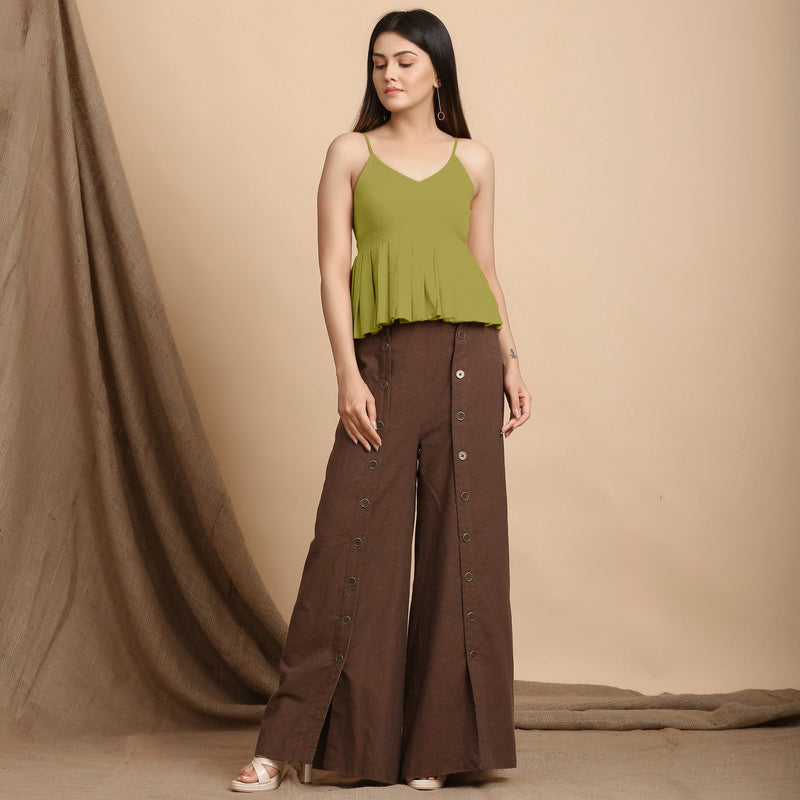 Front View of a Model wearing Olive Green Cotton Flax Pleated Camisole Top