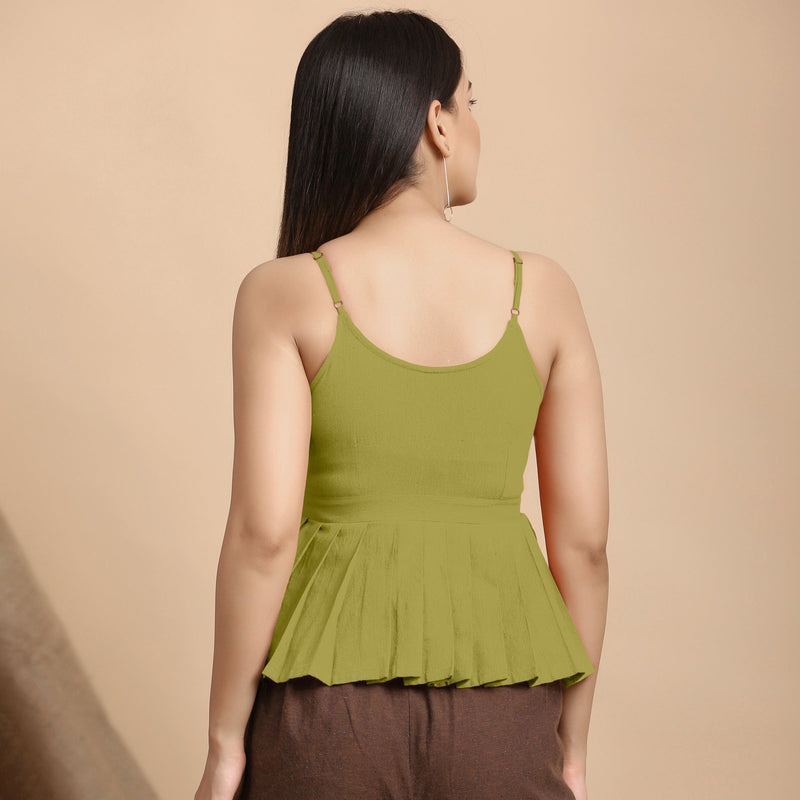 Back View of a Model wearing Olive Green Cotton Flax Pleated Camisole Top