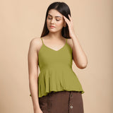 Front View of a Model wearing Olive Green Cotton Flax Pleated Camisole Top