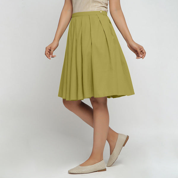 Left View of a Model wearing Olive Green Cotton Flax Pleated Skirt