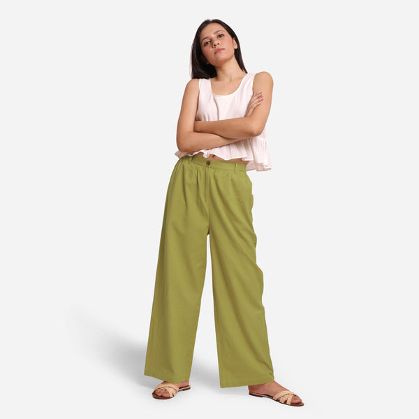 Front View of a Model wearing Olive Green Cotton Flax Wide Legged Straight Pant