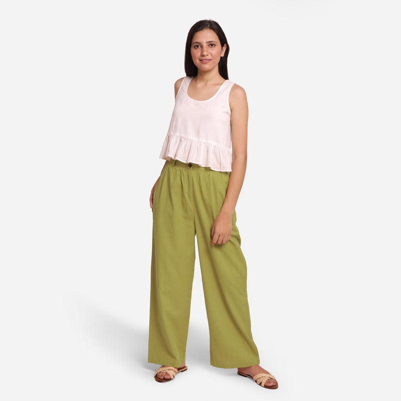 Front View of a Model wearing Olive Green Cotton Flax Wide Legged Straight Pant