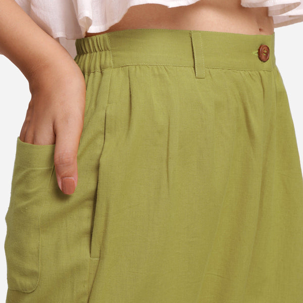Front Detail of a Model wearing Olive Green Cotton Flax Wide Legged Straight Pant