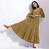 Front View of a Model wearing Olive Green Cotton Honeycomb Waffle Tier Dress