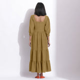 Back View of a Model wearing Olive Green Cotton Honeycomb Waffle Tier Dress