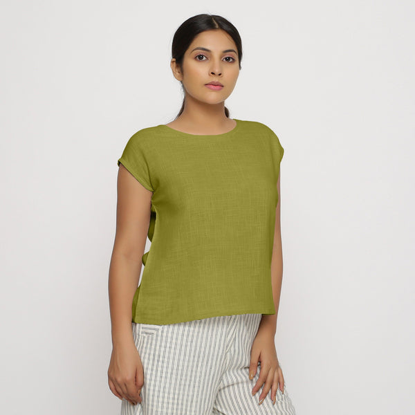 Front View of a Model wearing Olive Green Cotton Slub Straight Top