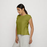 Left View of a Model wearing Olive Green Cotton Slub Straight Top