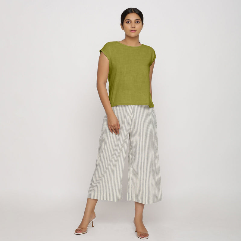 Front View of a Model wearing Olive Green Cotton Slub Straight Top
