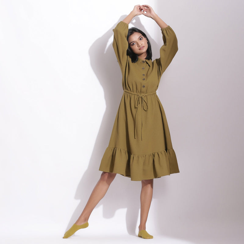 Front View of a Model wearing Olive Green Warm Cotton Waffle Knee Length Dress