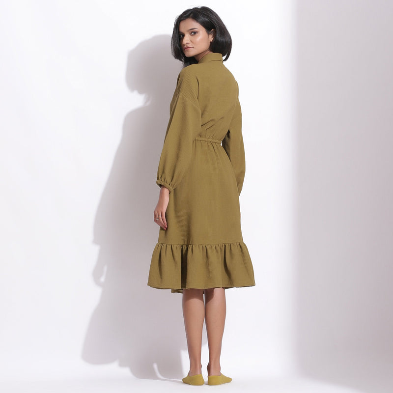 Back View of a Model wearing Olive Green Warm Cotton Waffle Knee Length Dress