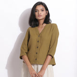 Front View of a Model wearing Olive Green Warm Cotton Waffle Button-Down Top