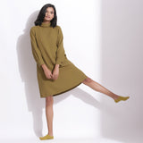 Front View of a Model wearing Olive Green Warm Cotton Waffle Knee Length Shift Dress