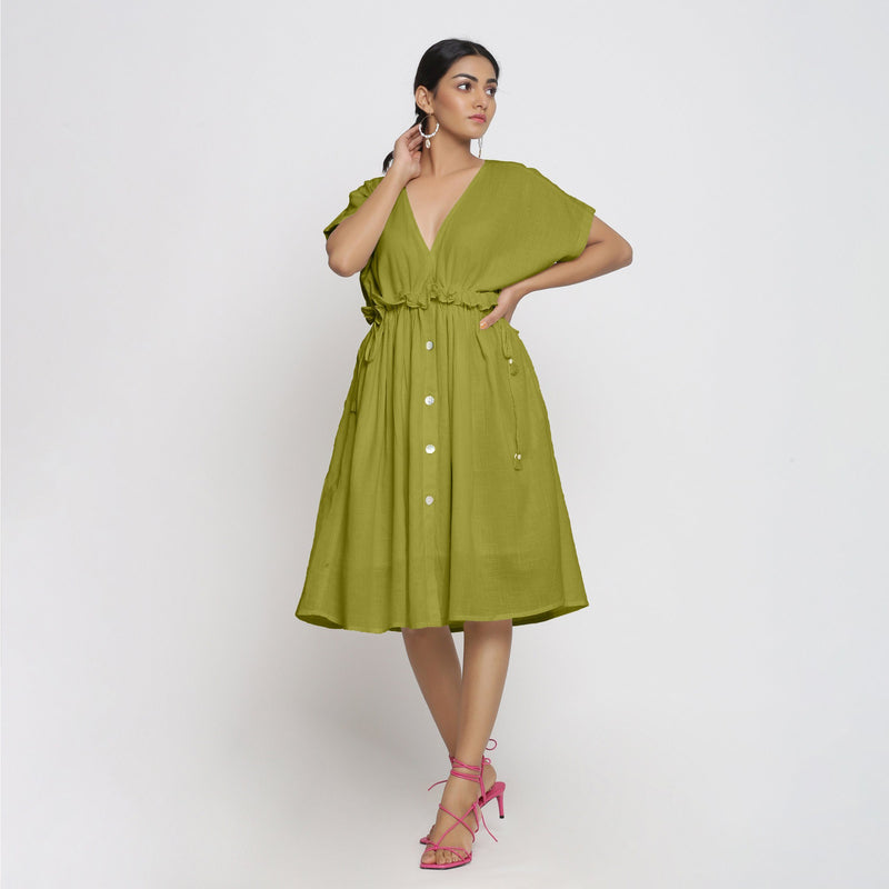 Front View of a Model wearing Olive Green Deep Neck Bohemian Frilled Dress