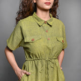 Front Detail of a Model wearing Olive Green Handspun Cotton Short Safari Dress