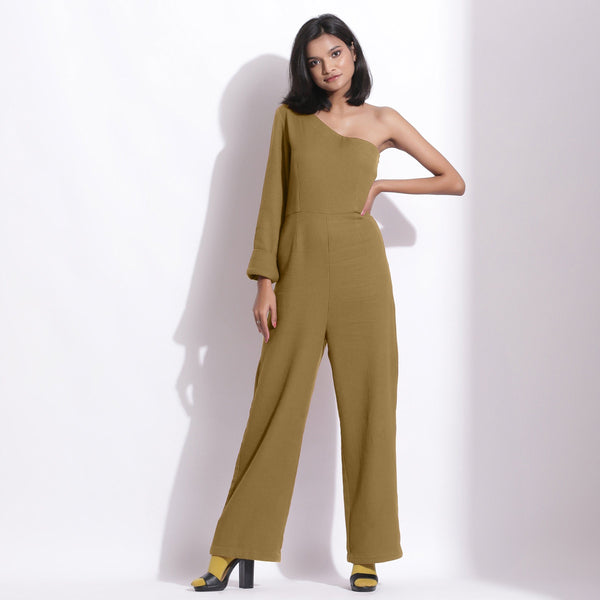 Front View of a Model wearing Olive Green Honeycomb One-Shoulder Jumpsuit