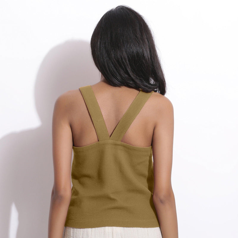 Back View of a Model wearing Olive Green Honeycomb Waffle Strap Top