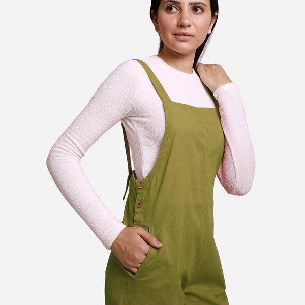 Right Detail of a Model wearing Olive Green Pinafore Midi Length Dungaree