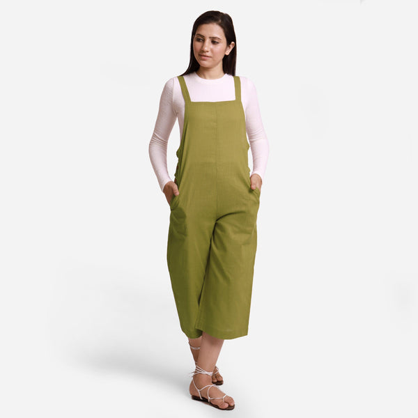 Front View of a Model wearing Olive Green Pinafore Midi Length Dungaree