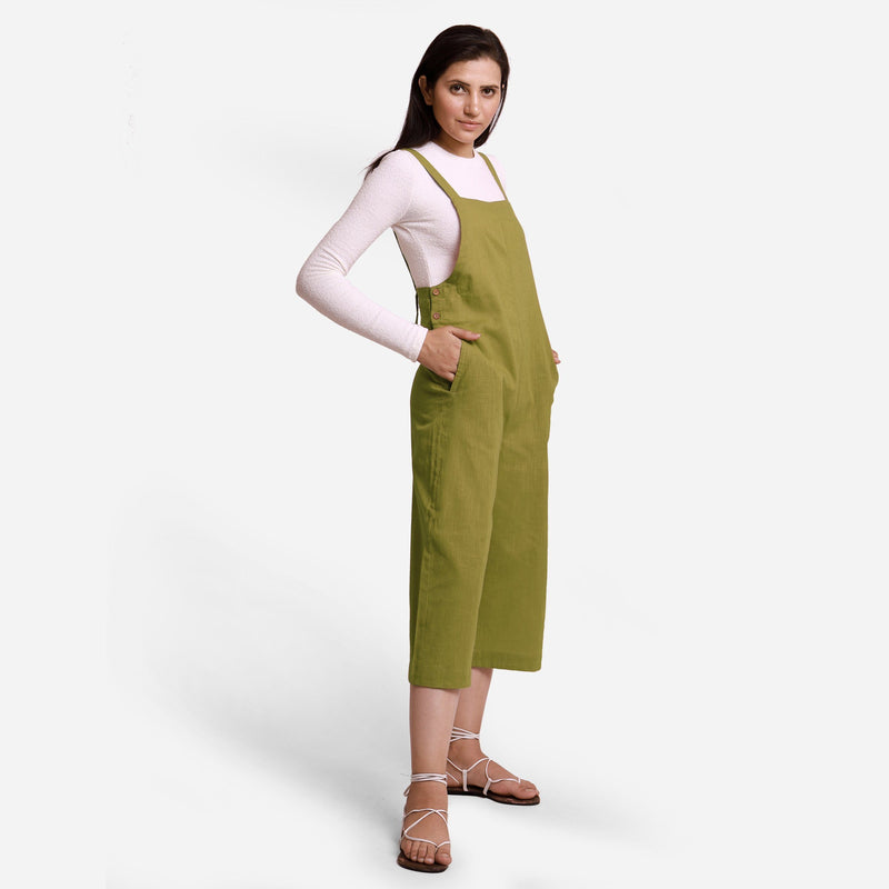 Right View of a Model wearing Olive Green Pinafore Midi Length Dungaree