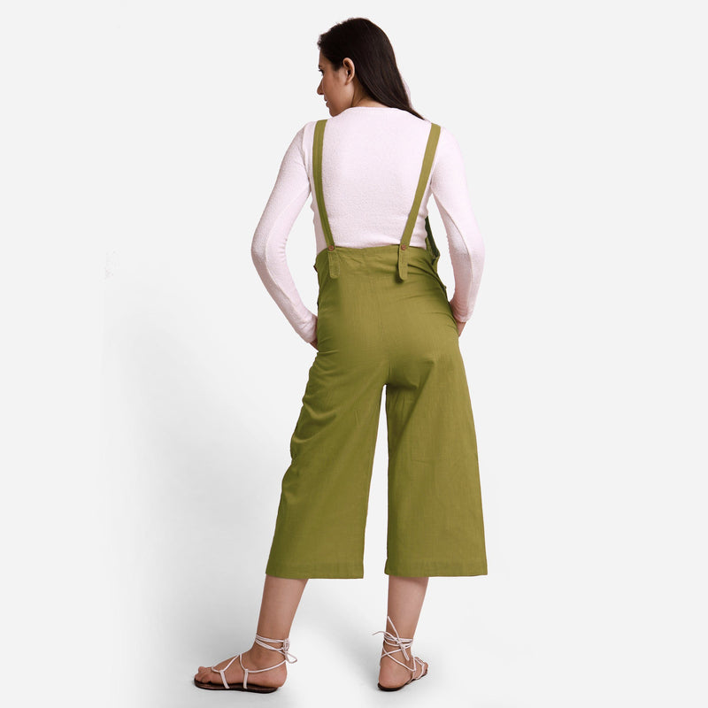 Back View of a Model wearing Olive Green Pinafore Midi Length Dungaree