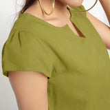 Front Detail of a Model wearing Olive Green Puff Sleeves Cotton A-Line Top