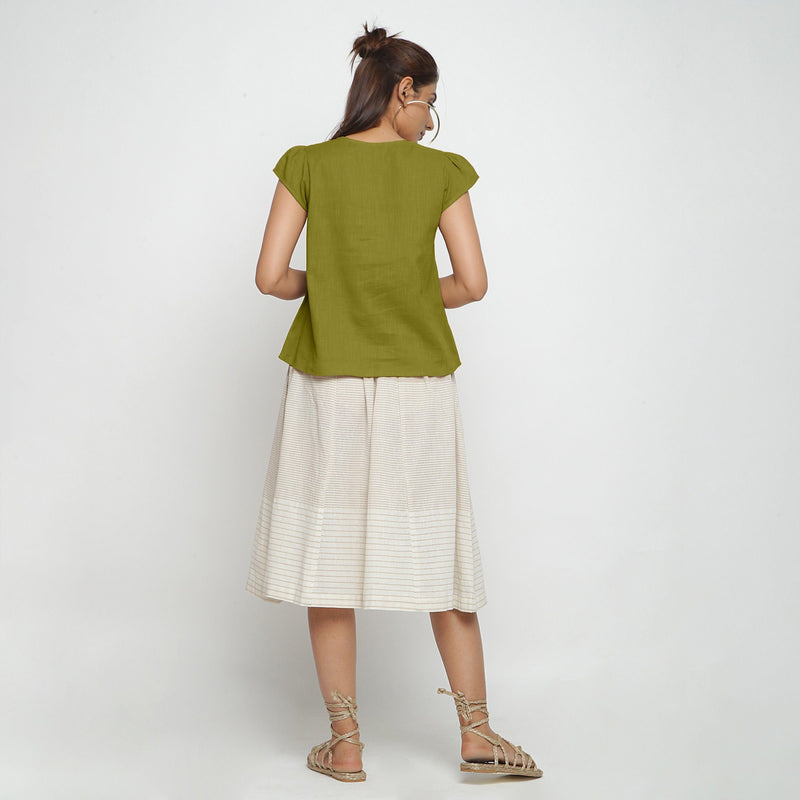 Back View of a Model wearing Olive Green Puff Sleeves Cotton A-Line Top