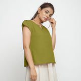 Right View of a Model wearing Olive Green Puff Sleeves Cotton A-Line Top