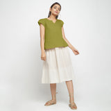 Front View of a Model wearing Olive Green Puff Sleeves Cotton A-Line Top