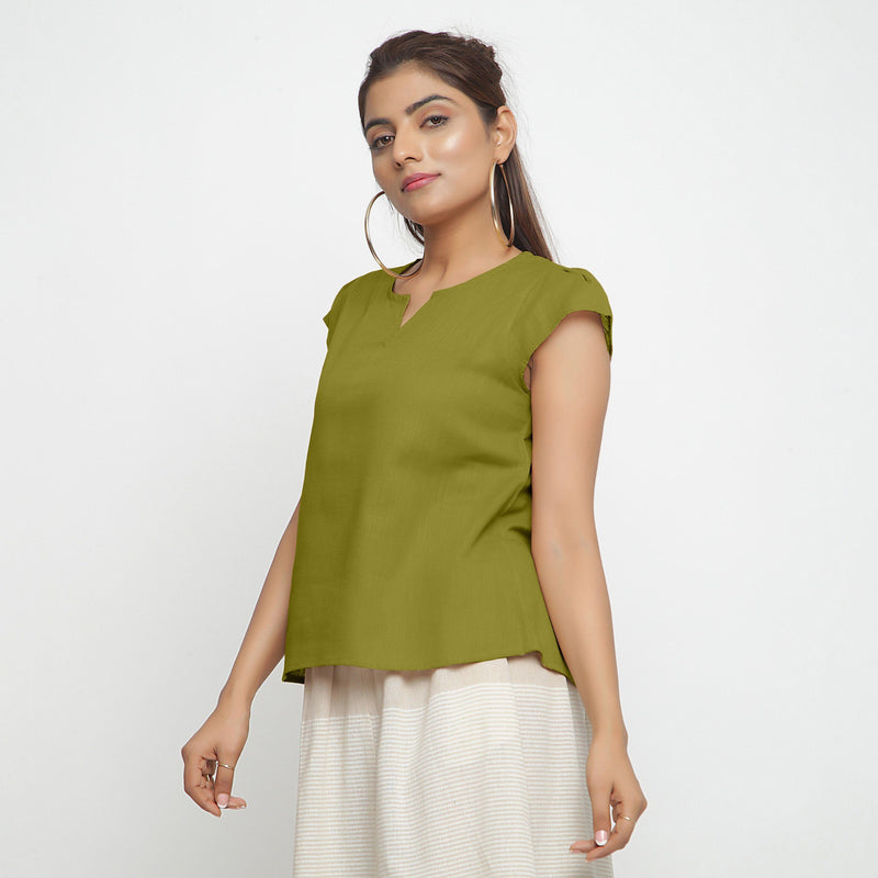 Left View of a Model wearing Olive Green Puff Sleeves Cotton A-Line Top