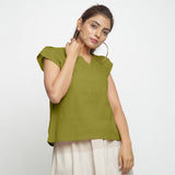 Front View of a Model wearing Olive Green Puff Sleeves Cotton A-Line Top