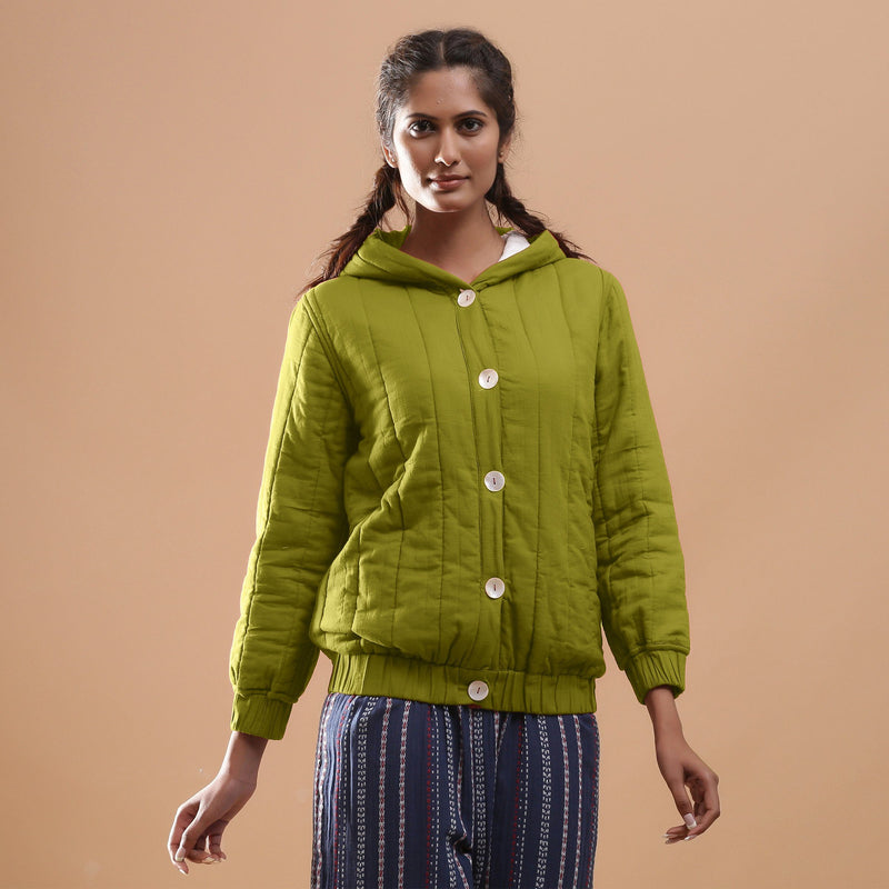 Front View of a Model wearing Olive Green Reversible Quilted Cotton Bomber Jacket
