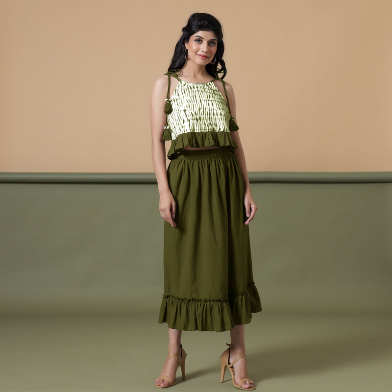Front View of a Model wearing Olive Green Shibori Camisole Top