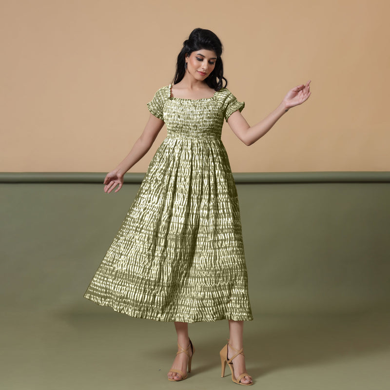 Front View of a Model wearing Olive Green Shibori Elasticated Gathered Dress