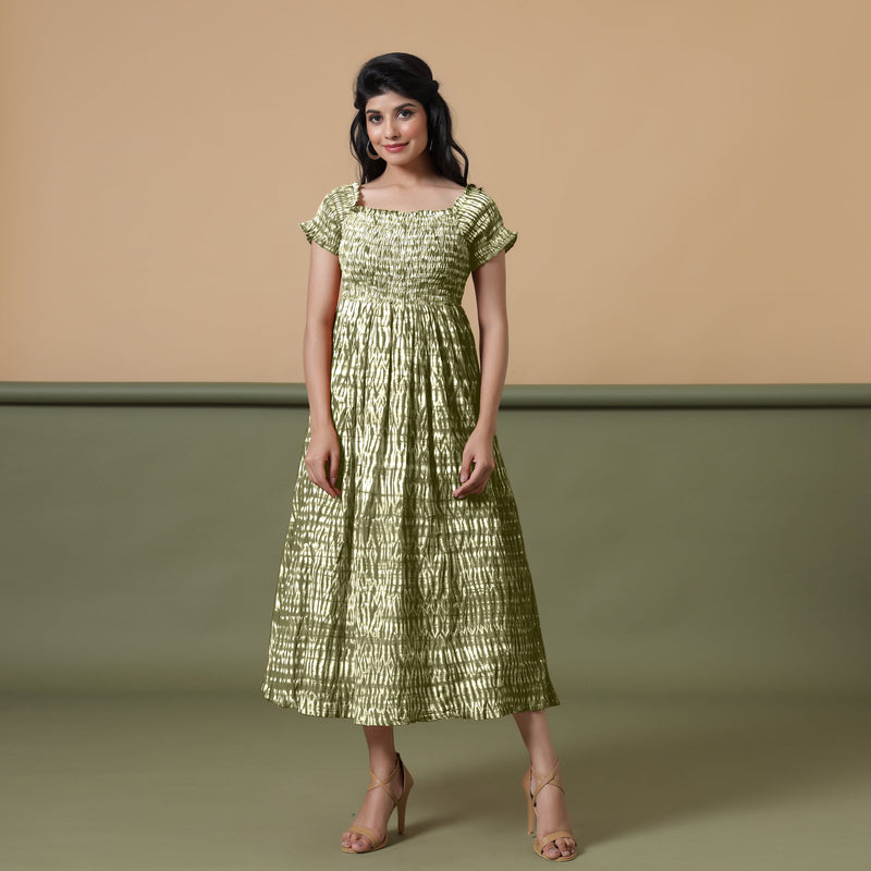 Front View of a Model wearing Olive Green Shibori Elasticated Gathered Dress