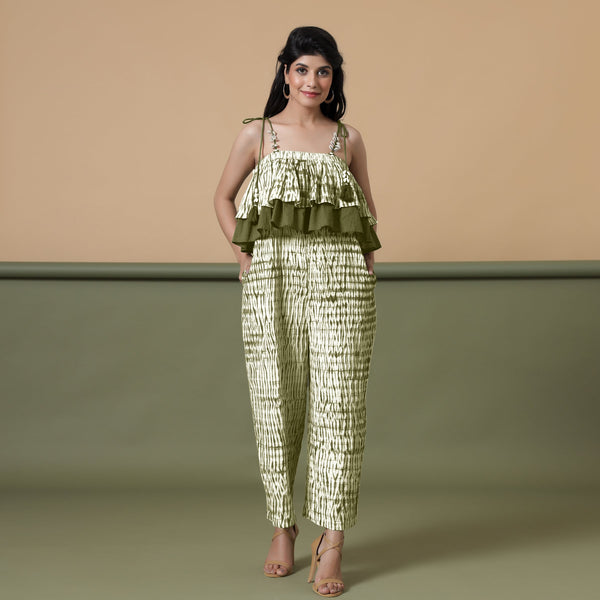 Front View of a Model wearing Olive Green Shibori Frilled Camisole Jumpsuit