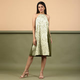Front View of a Model wearing Olive Green Shibori Halter Neck A line Dress