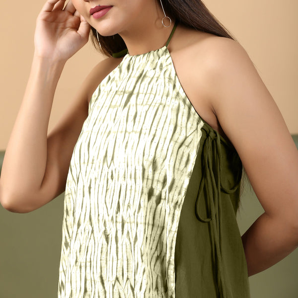 Front Detail of a Model wearing Olive Green Shibori Halter Neck A line Dress