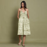 Front View of a Model wearing Olive Green Shibori Halter Neck Gathered Dress