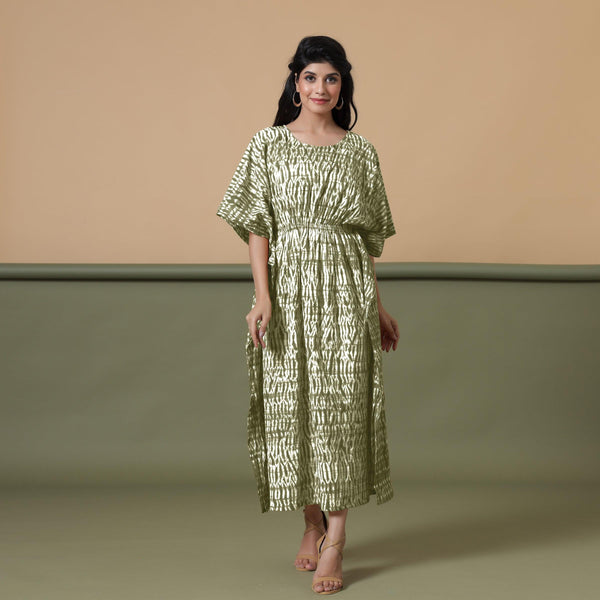 Front View of a Model wearing Olive Green Shibori Kaftan Dress